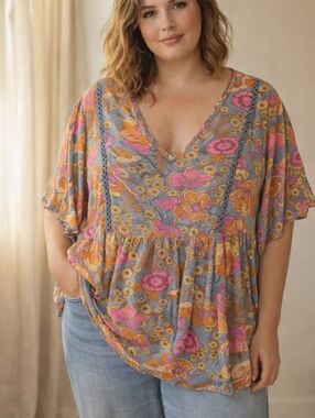 Rusttydustty 1970s Style Boho Floral Tunic Blouse | Size 2XL
